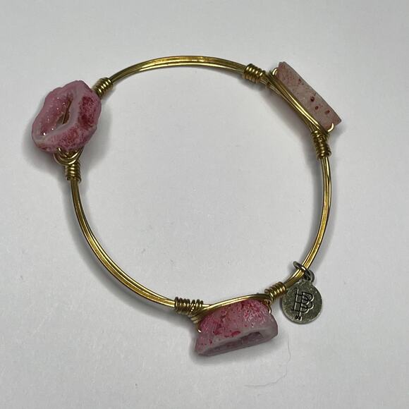 BOURBON & BOWETIES gold tone bracelet bangle PINK Druzy signed jewelry wire wrap - Picture 5 of 11